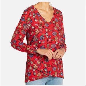 Chelsea And Theodore Long-Sleeve Crossover Woven Top In Red Floral Print, XL